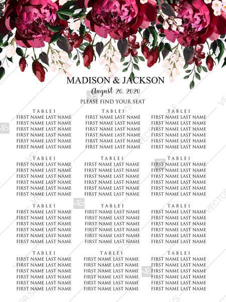 Wedding - Seating chart Marsala dark red peony wedding invitation greenery burgundy floral PDF 12x24 in Customize online cards