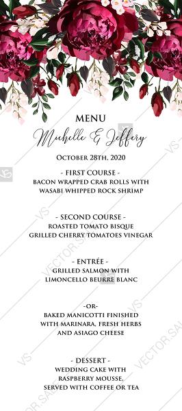 Свадьба - Menu Marsala dark red peony wedding invitation greenery burgundy floral PDF 4x9 in Customize online cards
