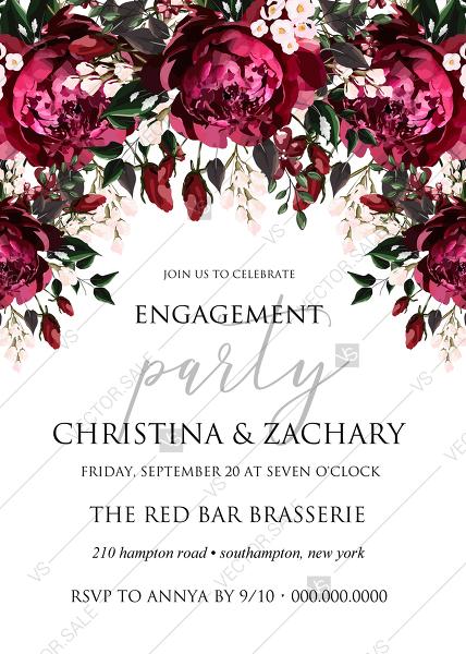 Hochzeit - Marsala peony engagement party wedding invitation greenery burgundy floral PDF 5x7 in Customize online cards