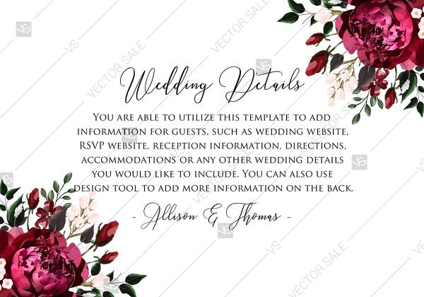 Свадьба - Details card Marsala dark red peony wedding invitation greenery burgundy floral PDF 5x3.5 in Customize online