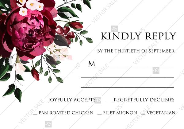 Hochzeit - RSVP marsala dark red peony wedding invitation greenery burgundy floral PDF 5x3.5 in Customize online cards