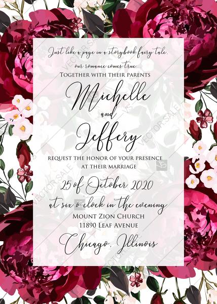 Hochzeit - Wedding invitation marsala dark red peony greenery burgundy floral PDF 5x7 in Customize online cards