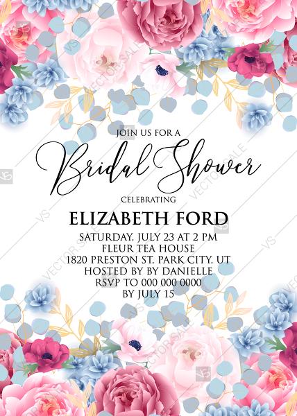 Hochzeit - Bridal shower pink marsala red Peony wedding invitation anemone eucalyptus hydrangea PDF 5x7 in Customize online