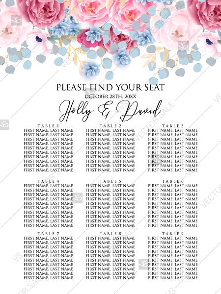 Hochzeit - Seating chart pink marsala red Peony wedding invitation anemone eucalyptus hydrangea PDF 12x24 in Customize online