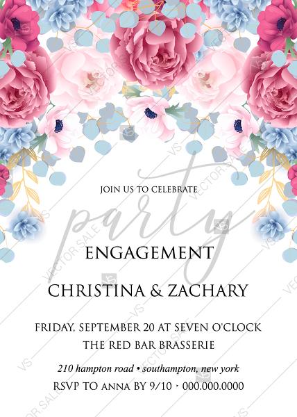 Wedding - Engagement party pink marsala red Peony wedding invitation anemone eucalyptus hydrangea PDF 5x7 in Customize online