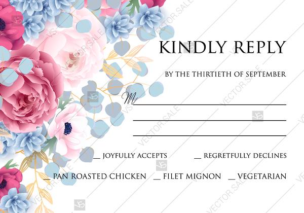 Свадьба - RSVP card pink marsala red Peony wedding invitation anemone eucalyptus hydrangea PDF 5x3.5 in Customize online