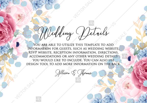 زفاف - Wedding details card pink marsala red Peony wedding invitation anemone eucalyptus hydrangea PDF 5x3.5 in Customize online