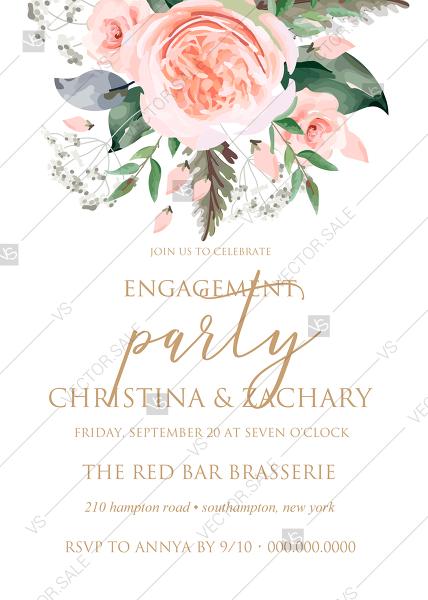Mariage - Engagement party peach rose watercolor greenery fern wedding invitation PDF 5x7 in online editor