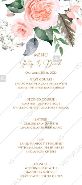 Hochzeit - Menu design template peach rose watercolor greenery fern wedding invitation PDF 4x9 in online editor