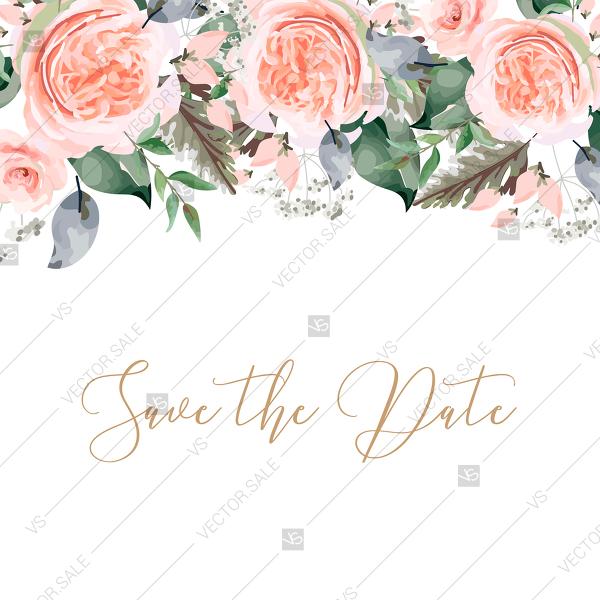 Свадьба - Save the Date card peach rose watercolor greenery fern wedding invitation PDF 5.25x5.25 in online editor
