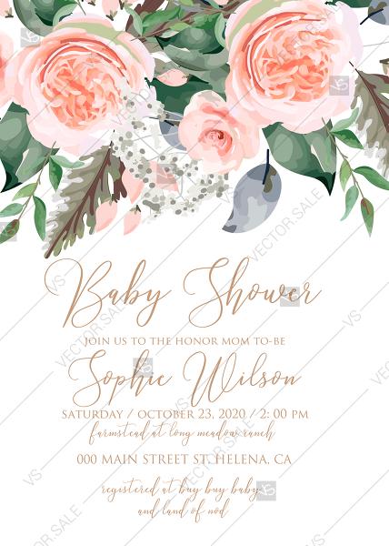Hochzeit - Bridal shower invitation peach rose watercolor greenery fern wedding invitation PDF 5x7 in online editor
