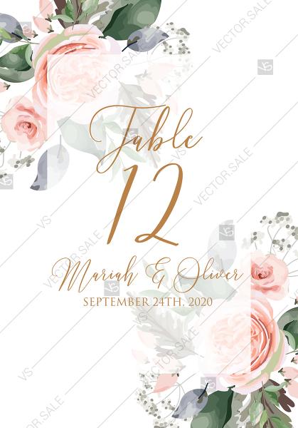 Hochzeit - Table card peach rose watercolor greenery fern wedding invitation PDF 3.5x5 in online editor