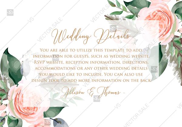 زفاف - Details card peach rose watercolor greenery fern wedding invitation PDF 5x3.5 in online editor