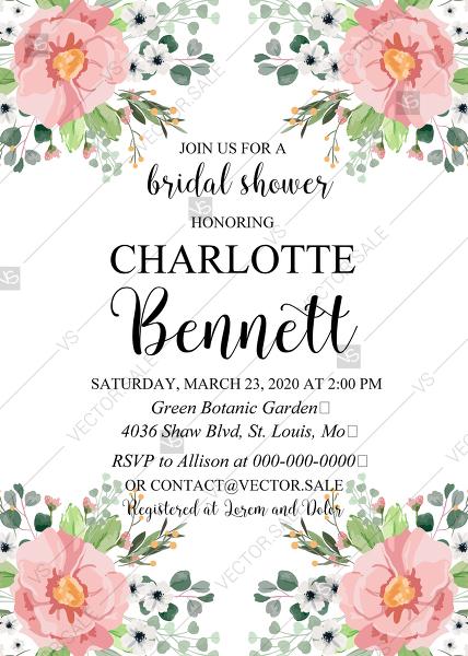 Hochzeit - Bridal shower invitation blush pink anemone greenery eucalyptus wedding invitation PDF 5x7 in online editor