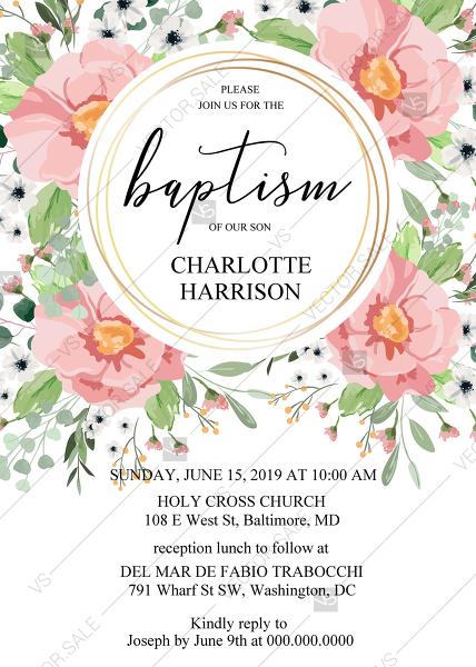 Mariage - Baptism invitation blush pink anemone greenery eucalyptus wedding invitation PDF 5x7 in online editor invitation maker