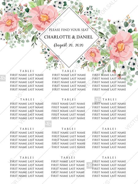 Свадьба - Seating chart poster blush pink anemone greenery eucalyptus wedding invitation PDF 18x24 in online editor personalized