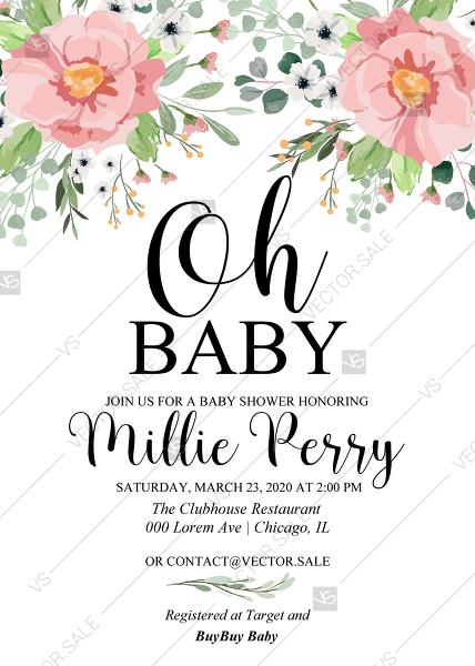 Mariage - Oh Baby shower invitation blush pink anemone greenery eucalyptus wedding invitation PDF 5x7 in online editor invitation editor