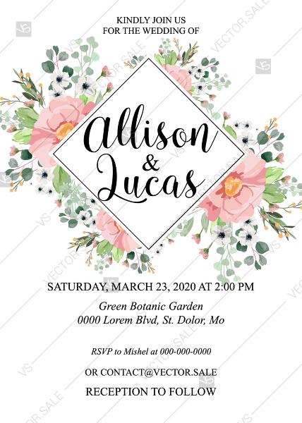 Свадьба - Wedding invitation blush pink anemone greenery eucalyptus wedding invitation PDF 5x7 in online editor edit template
