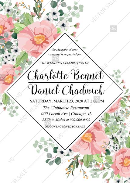 زفاف - Engagement party invitation blush pink anemone greenery eucalyptus wedding invitation PDF 5x7 in online editor customize online