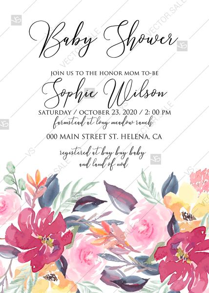 Mariage - Baby shower invitation watercolor wedding marsala peony pink rose eucalyptus greenery 5x7 in pdf invitation maker