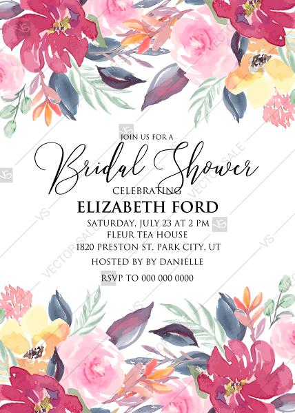 زفاف - Bridal shower invitation watercolor wedding marsala peony pink rose eucalyptus greenery 5x7 in pdf