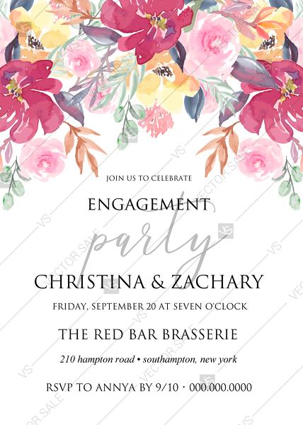 Mariage - Engagement party invitation watercolor wedding marsala peony pink rose eucalyptus greenery 5x7 in pdf invitation editor