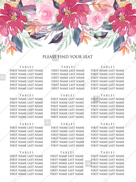 Wedding - Seating chart banner watercolor wedding marsala peony pink rose eucalyptus greenery 18x24 in pdf personalized invitation
