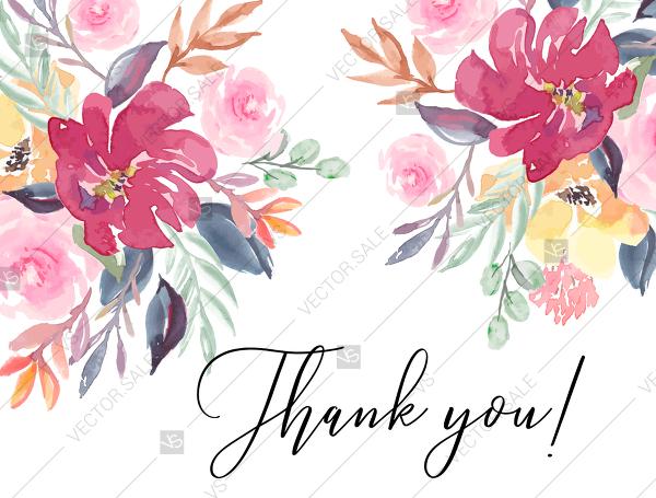 زفاف - Thank you card watercolor wedding marsala peony pink rose eucalyptus greenery 5.6x4.25 in pdf edit template