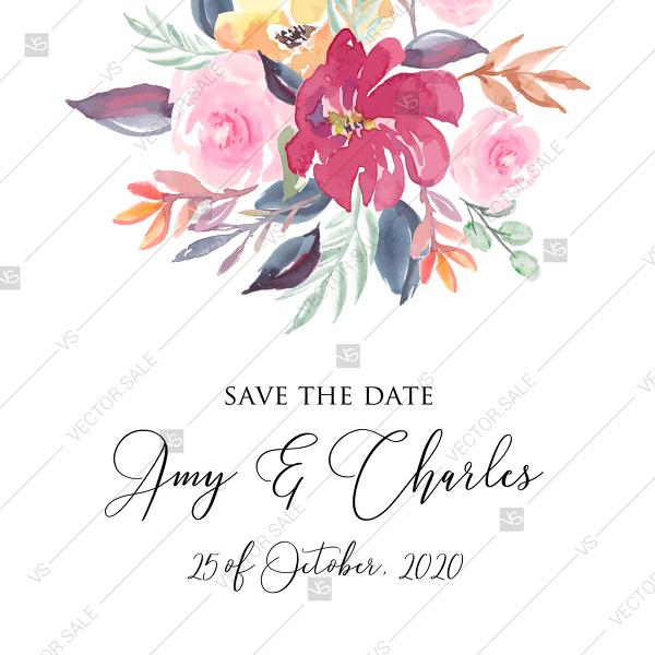 Hochzeit - Save the date card watercolor wedding marsala peony pink rose eucalyptus greenery 5.25x5.25 in pdf customize online