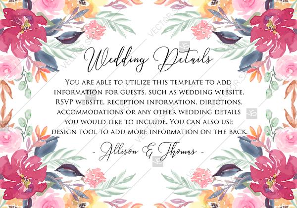 Hochzeit - Wedding details card watercolor wedding marsala peony pink rose eucalyptus greenery 5x3.5 in pdf customizable template