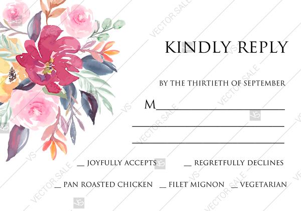 Mariage - RSVP card watercolor wedding marsala peony pink rose eucalyptus greenery 5x3.5 in pdf wedding invitation maker