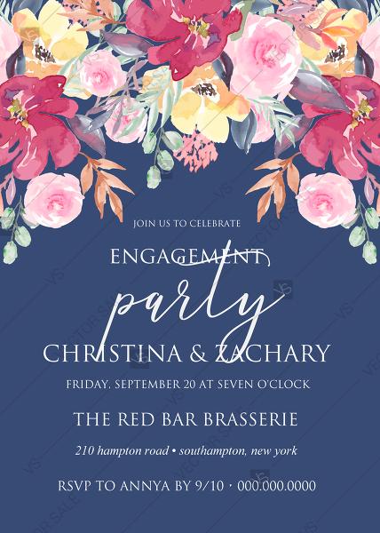Mariage - Engagement invitation watercolor wedding marsala peony pink rose navy blue background 5x7 in pdf invitation editor