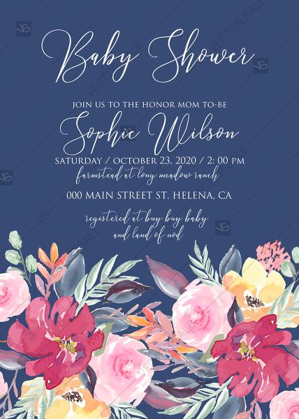 Hochzeit - Baby shower invitation watercolor wedding marsala peony pink rose navy blue background 5x7 in pdf invitation maker