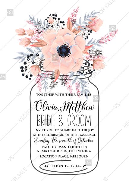 Hochzeit - Anemone wedding invitation card mason jar template blush pink watercolor flower PDF 5x7 in instant maker