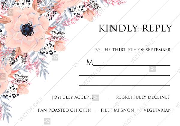 Mariage - Anemone wedding rsvp card printable template blush pink watercolor flower PDF 5x7 in customizable template