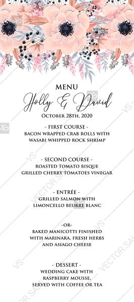 Wedding - Anemone menu card printable template blush pink watercolor flower PDF 5x7 in edit template