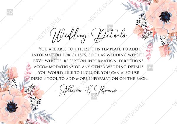 زفاف - Anemone wedding details card printable template blush pink watercolor flower PDF 5x7 in personalized invitation