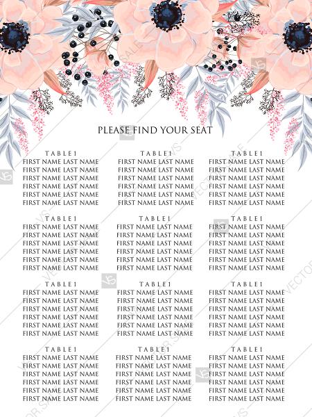 زفاف - Anemone wedding seating chart card printable template blush pink watercolor flower PDF 5x7 in invitation maker
