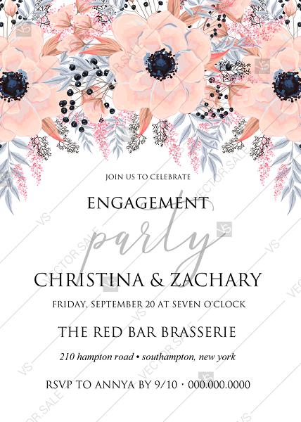 Mariage - Anemone engagement party invitation card printable template blush pink watercolor flower PDF 5x7 in PDF template