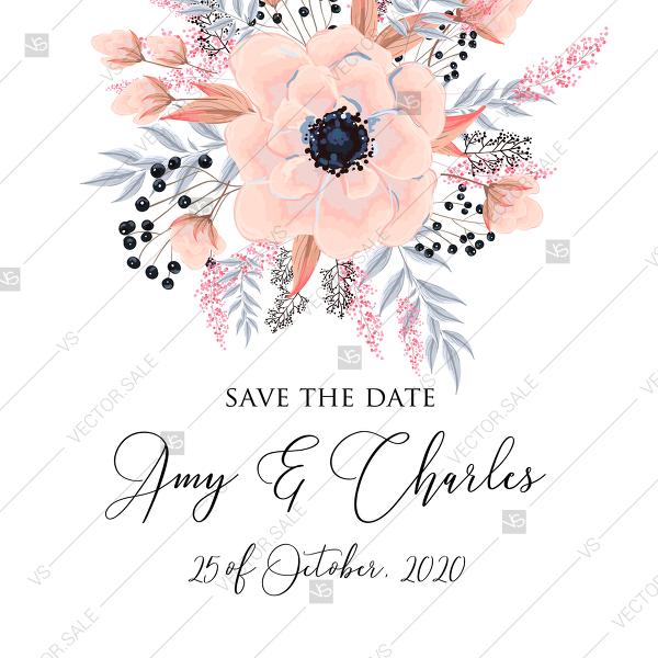 Wedding - Anemone save the date card printable template blush pink watercolor flower PDF 5x7 in PDF download