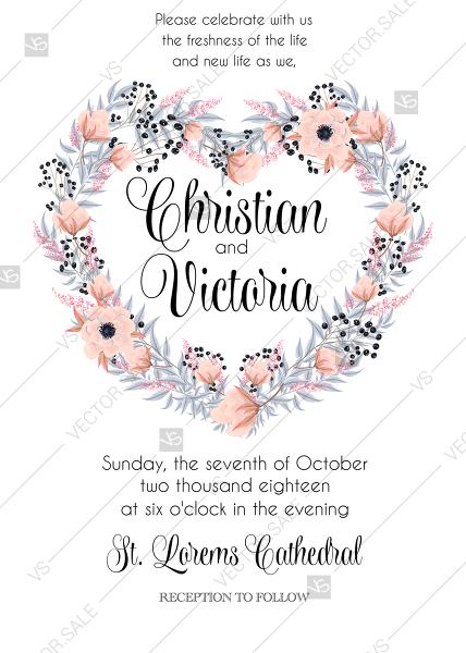 Wedding - Anemone wedding invitation card heart wreath printable template blush pink watercolor flower PDF 5x7 in wedding invitation maker