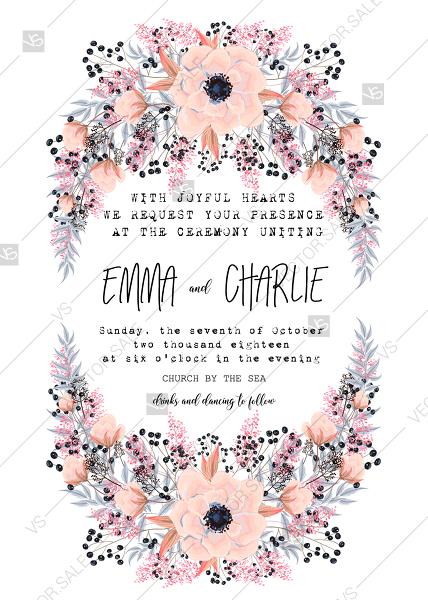Wedding - Anemone wedding invitation card printable template blush pink watercolor flower PDF 5x7 in customizable template