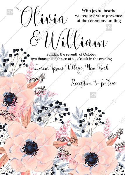 Свадьба - Anemone wedding invitation card printable template blush pink watercolor flower PDF 5x7 in invitation maker
