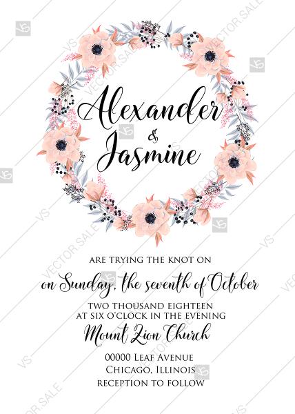 Wedding - Anemone wedding invitation card printable template blush pink watercolor flower PDF 5x7 in personalized invitation