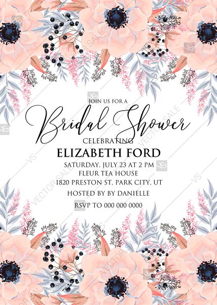 Wedding - Anemone bridal shower invitation card template blush pink watercolor flower PDF 5x7 in PDF maker