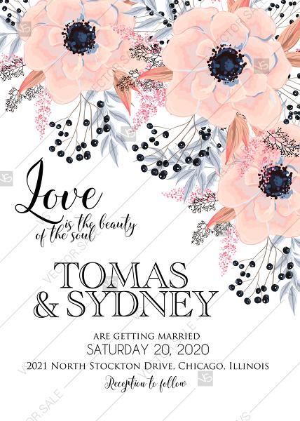 Wedding - Anemone wedding invitation card printable template blush pink watercolor flower PDF 5x7 in PDF download