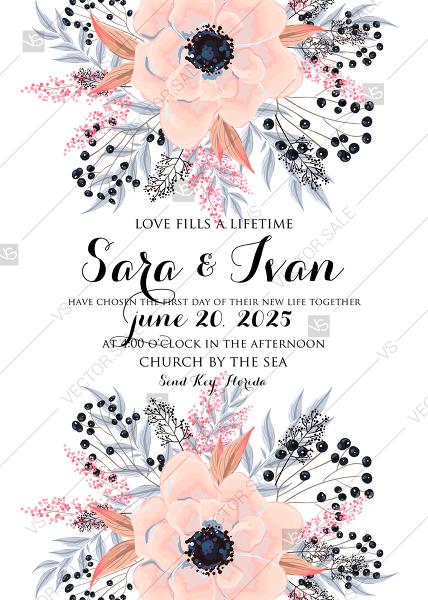 Hochzeit - Anemone wedding invitation card printable template blush pink watercolor flower PDF 5x7 in instant maker