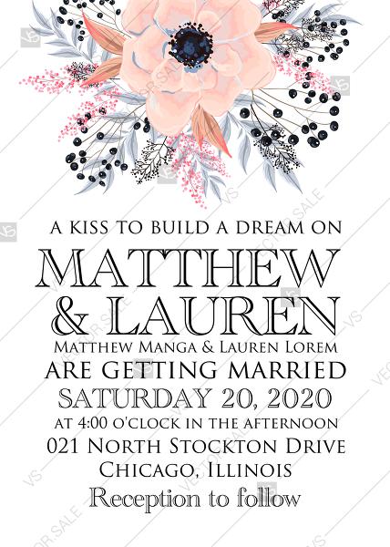 Свадьба - Anemone wedding invitation card printable template blush pink watercolor flower PDF 5x7 in wedding invitation maker