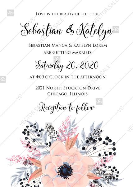 Mariage - Anemone wedding invitation card printable template blush pink watercolor flower PDF 5x7 in create online
