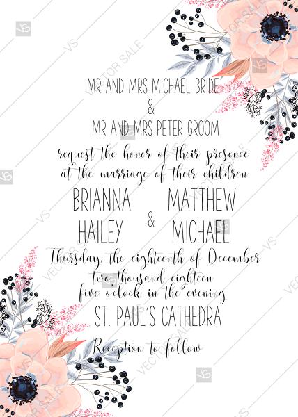زفاف - Anemone wedding invitation card printable template blush pink watercolor flower PDF 5x7 in online editor